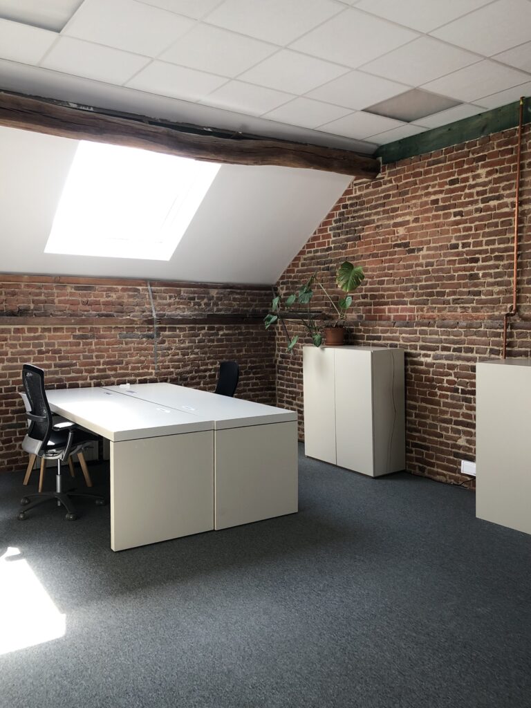Linkerzicht van een ruime kantoorruimte met bakstenen muren, meerdere bureaus met bureaustoelen, een dakraam en enkele kasten met een kamerplant.