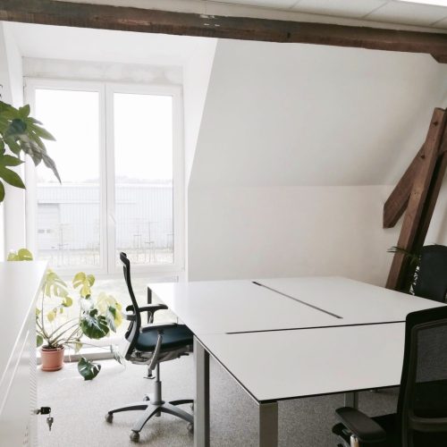 Een lichte kantoorruimte met twee bureaustoelen, witte bureaus, kamerplanten en een groot raam onder een schuin dak met zichtbare houten balken.